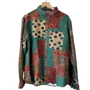 Luc Matton Mens Shirt XL Green Red Mixed Print Long Sleeve Linen Blend Designer